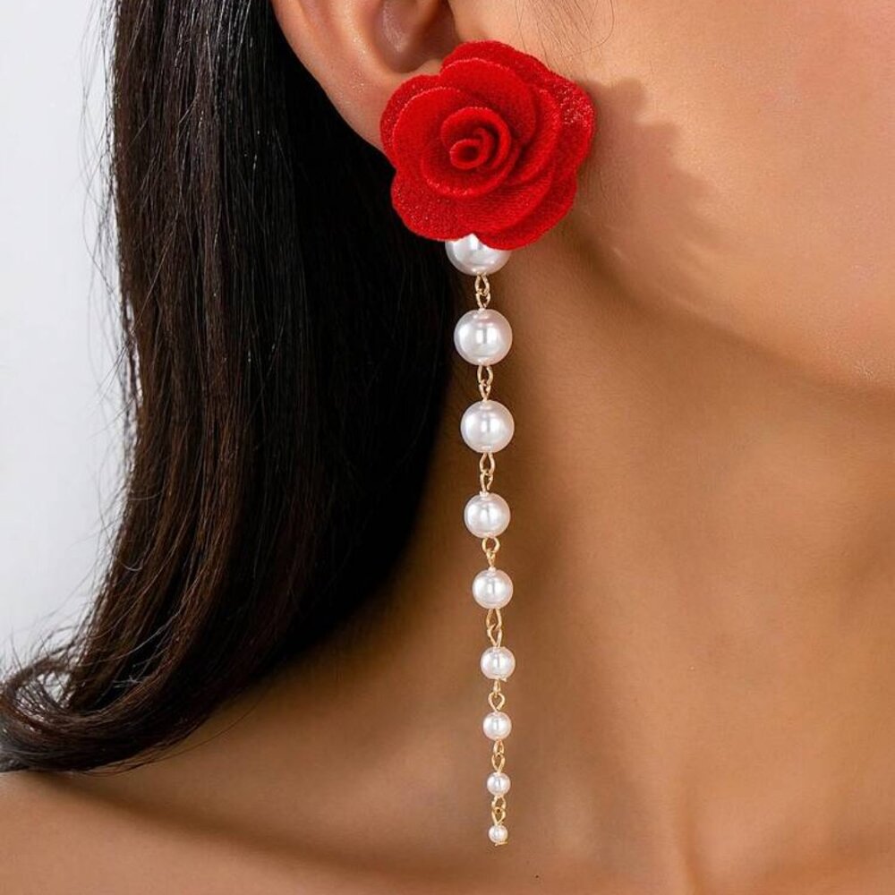 Pearl Earrings With Red flowers NWOT